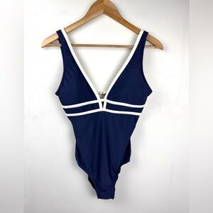 Alisha Levine Womens One Piece Swimsuit Navy with white trim Deep V-Neck Size 10